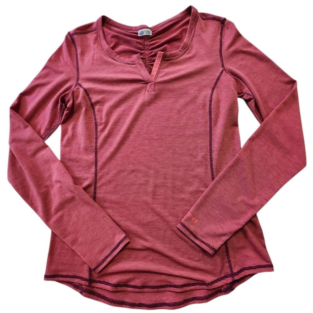 Marmot Maroon and Orange Striped Long Sleeve Performance Base Layer Shirt. Sz. S